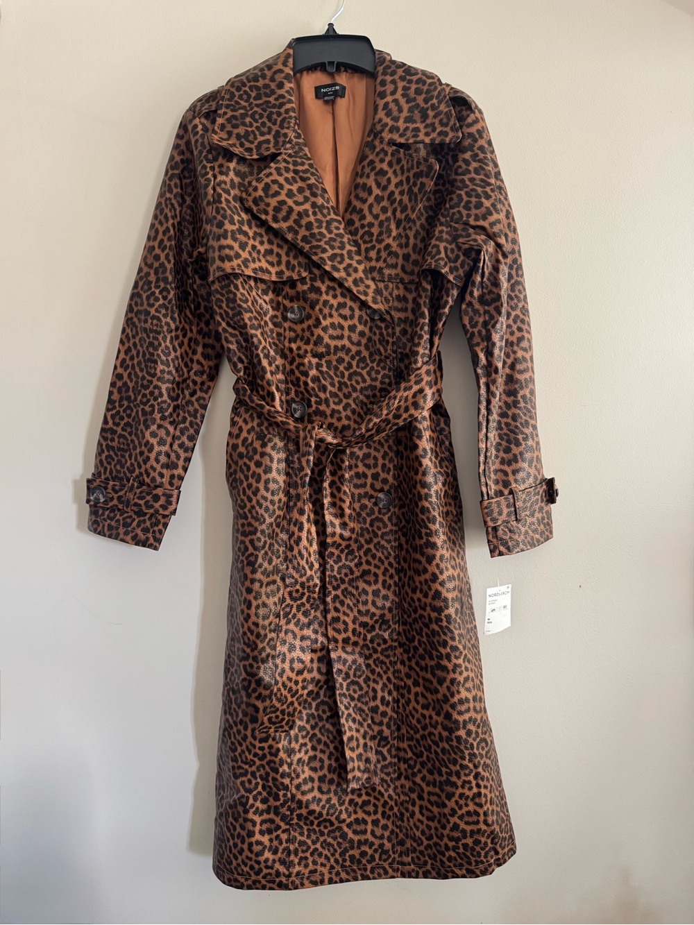 New NOIZE Albina Faux Leather Leopard Print Trench Coat M